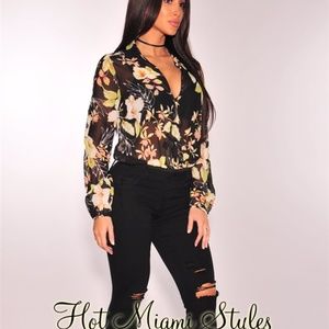 Black Sheer Floral Print Collared Bodysuit